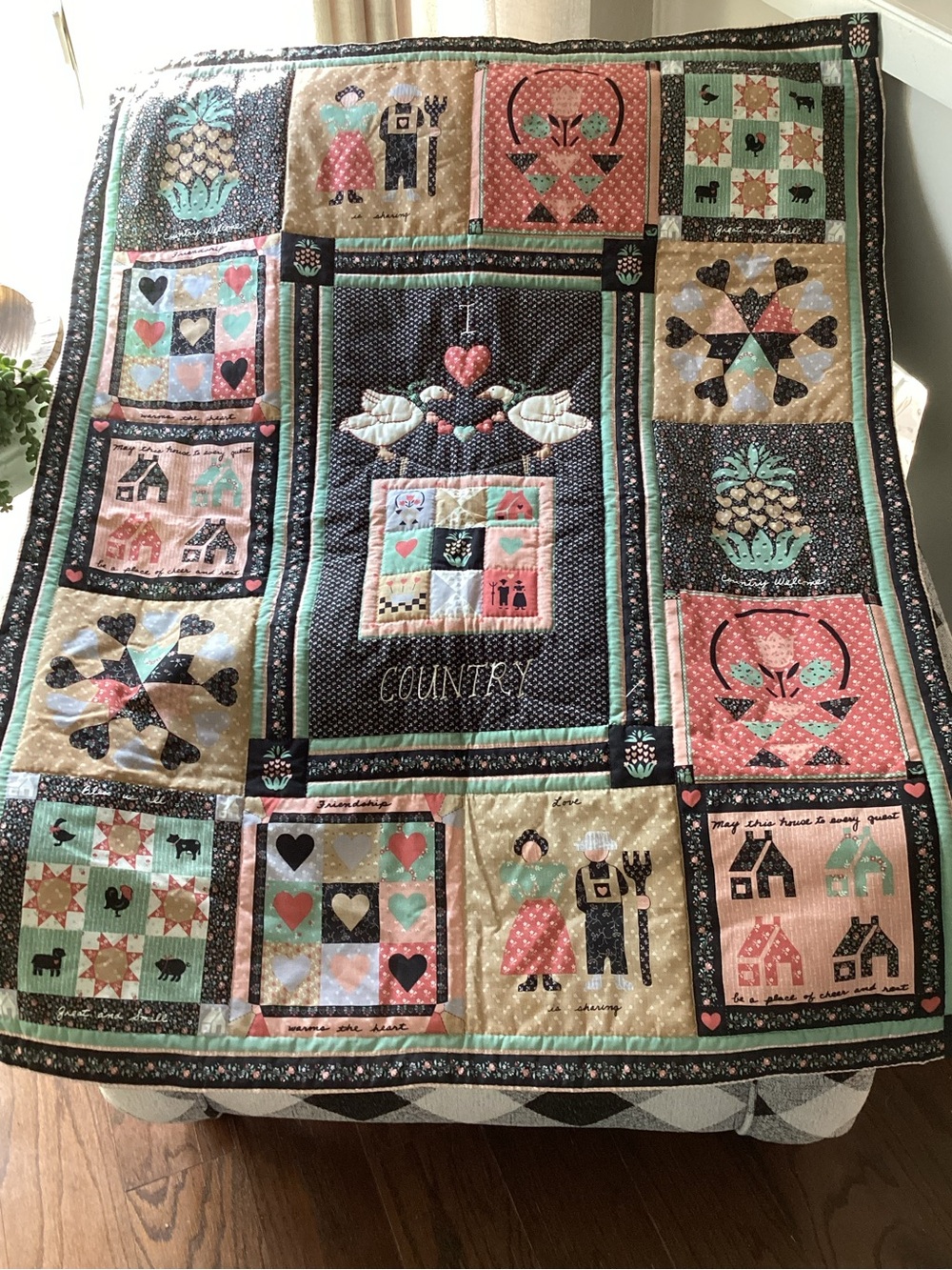 Handmade Country Patchwork Wall Quilt  ‘I love country” farm, geese, sheep